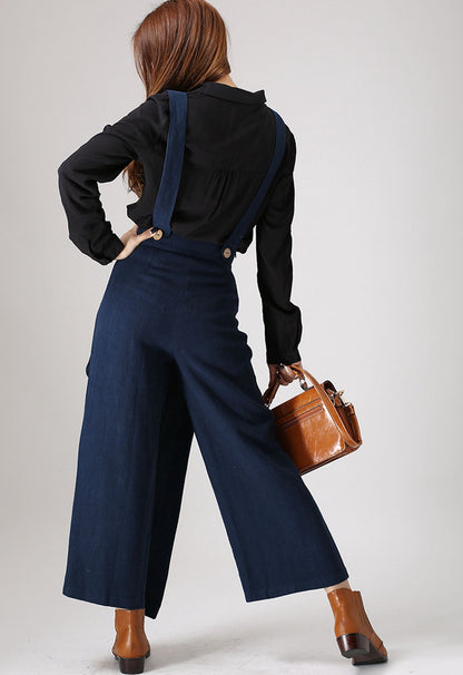 Blue Linen Wide Leg Trousers - Suspender Detail 841