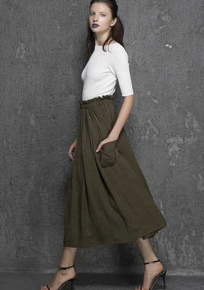 Army Green Linen Cotton Maxi Skirt - Elastic Waist with Draped Pockets 1335