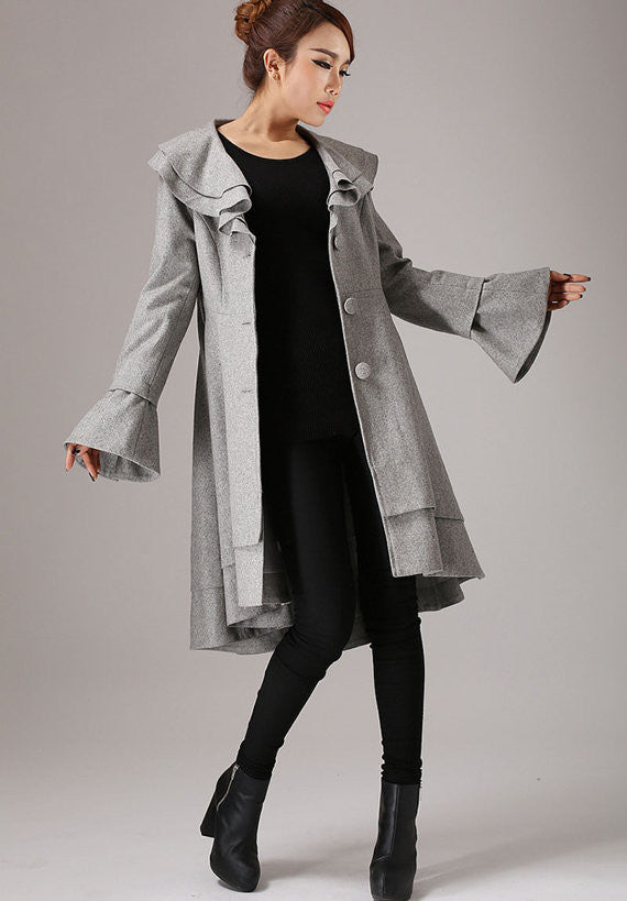 Gray coat winter jacket wool coat ruffled collar coat 0763#