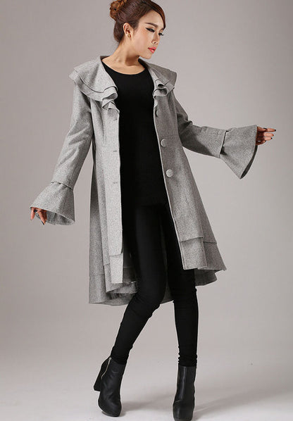 Wool Ruffled Coat – Women’s Vintage Belted Layered Hem Jacket 0763