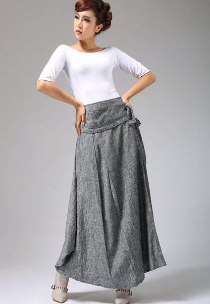 Gray Linen Cotton Maxi Skirt – Handmade Wrap Skirt with Belt  0689#