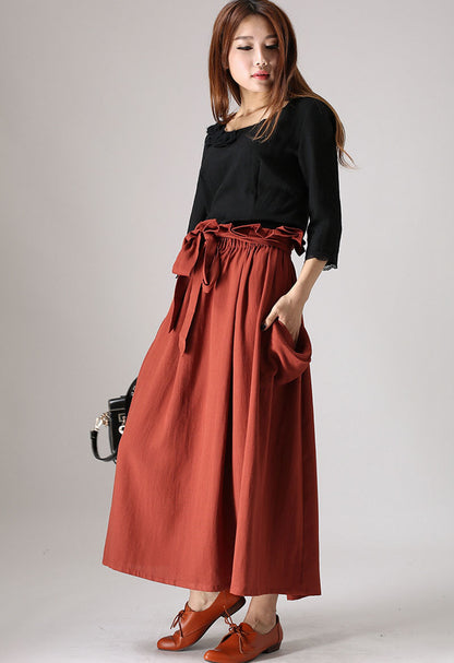 Wine Red Linen Blend Maxi Skirt - Elastic Waist with Ruffle Detail 848