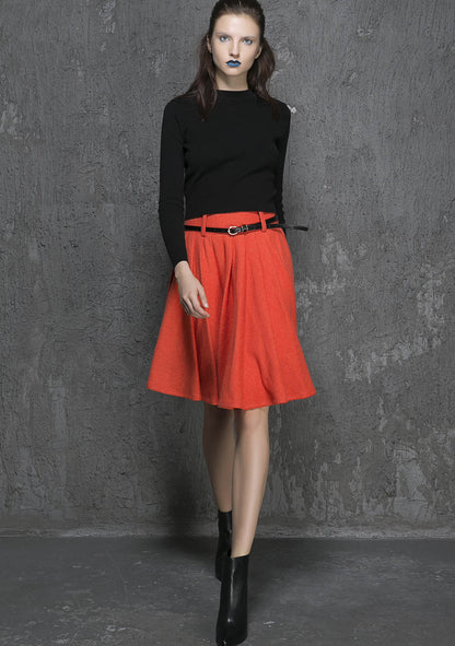 Orange Wool Pleated Midi Skirt - Soft Knee Length Silhouette 1339