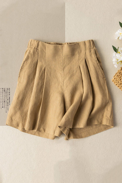 Yellow Cotton Linen Wide Leg Shorts - Loose Elastic Waist | Xiaolizi 3589