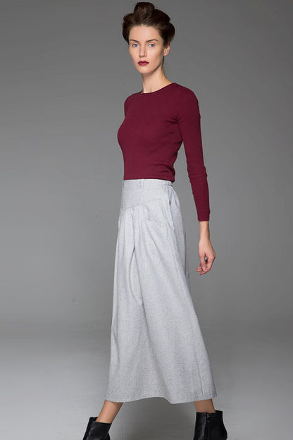 Gray Wool Maxi Skirt - Pleated High Waist with Side Pockets 1441