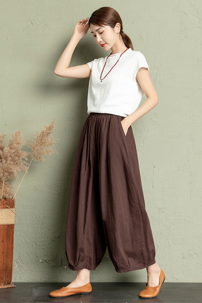 Linen Wide Leg Pants Women - High Waist Elastic | Xiaolizi 3406