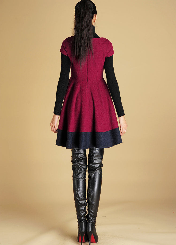 Burgundy Wool Mini Dress with Fit-and-Flare Silhouette for Winter – Xiaolizi Burgundy Wool Mini Dress with Fit-and-Flare Silhouette for Winter – Xiaolizi