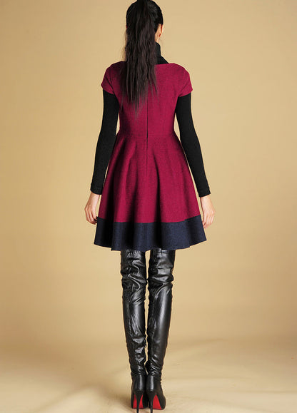 Burgundy Wool Mini Dress - Fit-and-Flare Silhouette with Color Block 427