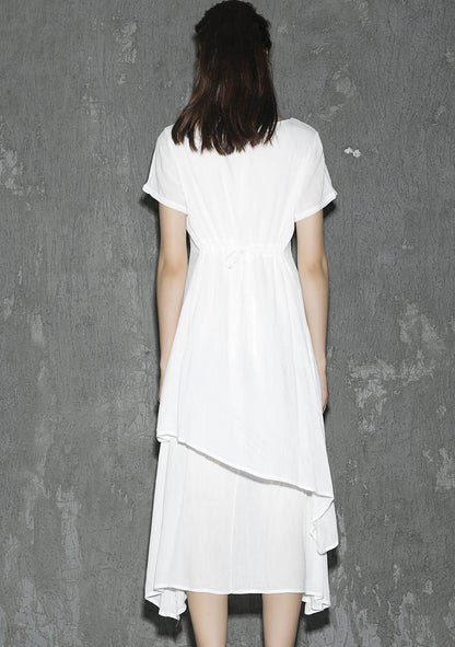 White Linen Maxi Dress - Layered Soft Round Neck 1309