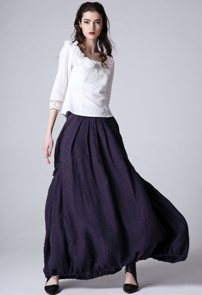 Navy Linen Maxi Skirt - Pleated with Pockets 1191