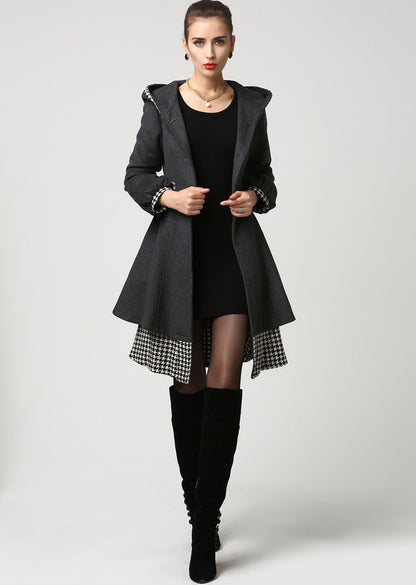 Vintage Wool Winter Coat – Hooded Fit and Flare Midi Coat with Houndstooth Trim 1113