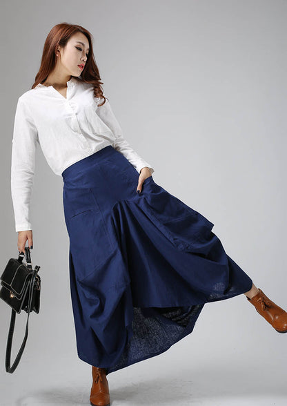 Blue Linen Maxi Skirt - Layered Irregular Hem | Xiaolizi 824