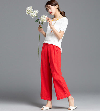 White Linen Wide Leg Pants - Elastic Waist, Above Ankle Length 2610