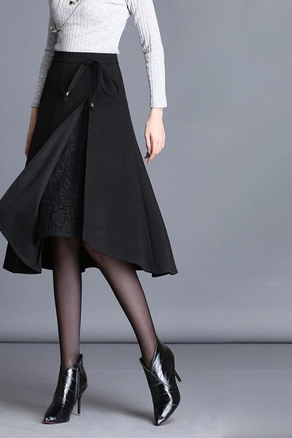 Black Polyester A-Line Midi Skirt - High Waist Elegant Silhouette S018