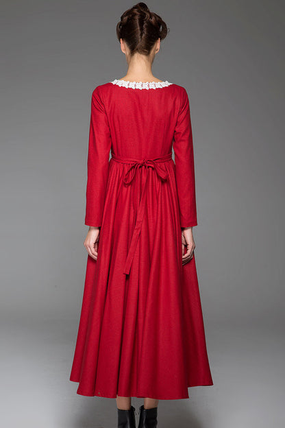Red Wool Maxi Dress - Deep V Neckline and Fitted Waist 1444