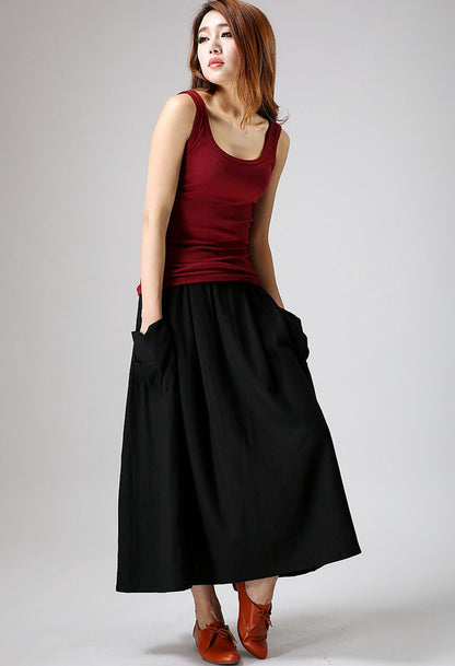 Retro Maxi Skirt Black Linen – Elastic Waist & Patch Pockets – 0898