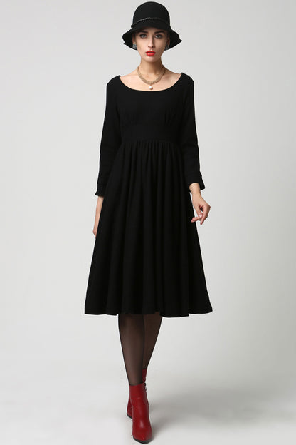 Black Wool Midi Dress – Handmade Vintage Winter Long Sleeve 1126