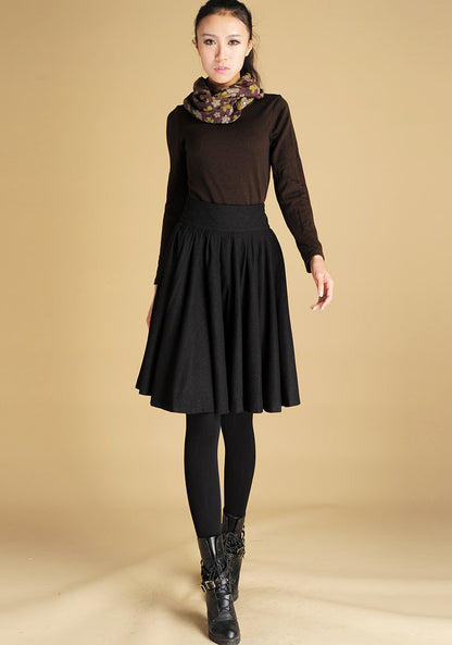 Black Wool Blend Pleated Midi Skirt - Full Circle, Wide Waistband 442