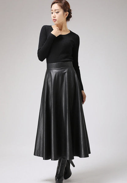 Handmade Black Faux Leather Midi Skirt – Vegan PU A-Line Skirt | Xiaolizi 0719