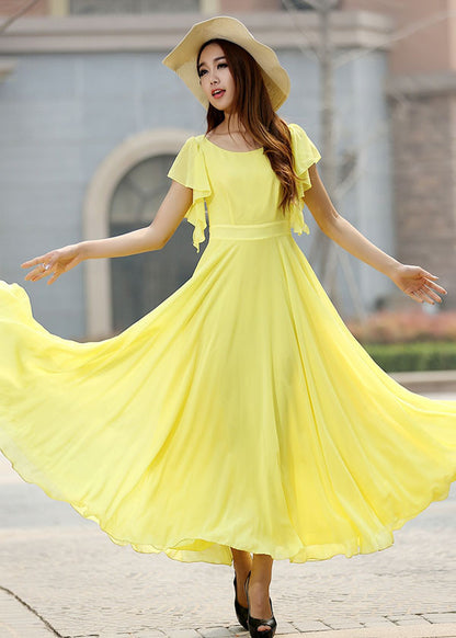Yellow Chiffon Maxi Dress - Flowy Sleeve Fitted Waist 919