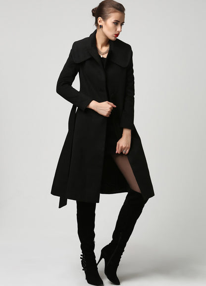 Classic black wool blend coat for women, knee length with button closure