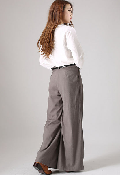 Grey Linen Palazzo Pants - Wide Leg Ankle Length Handmade | Xiaolizi 839