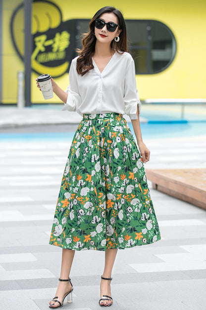 Floral Cotton Midi Skirt - Pleated Waist with Elastic High Waistband 3536