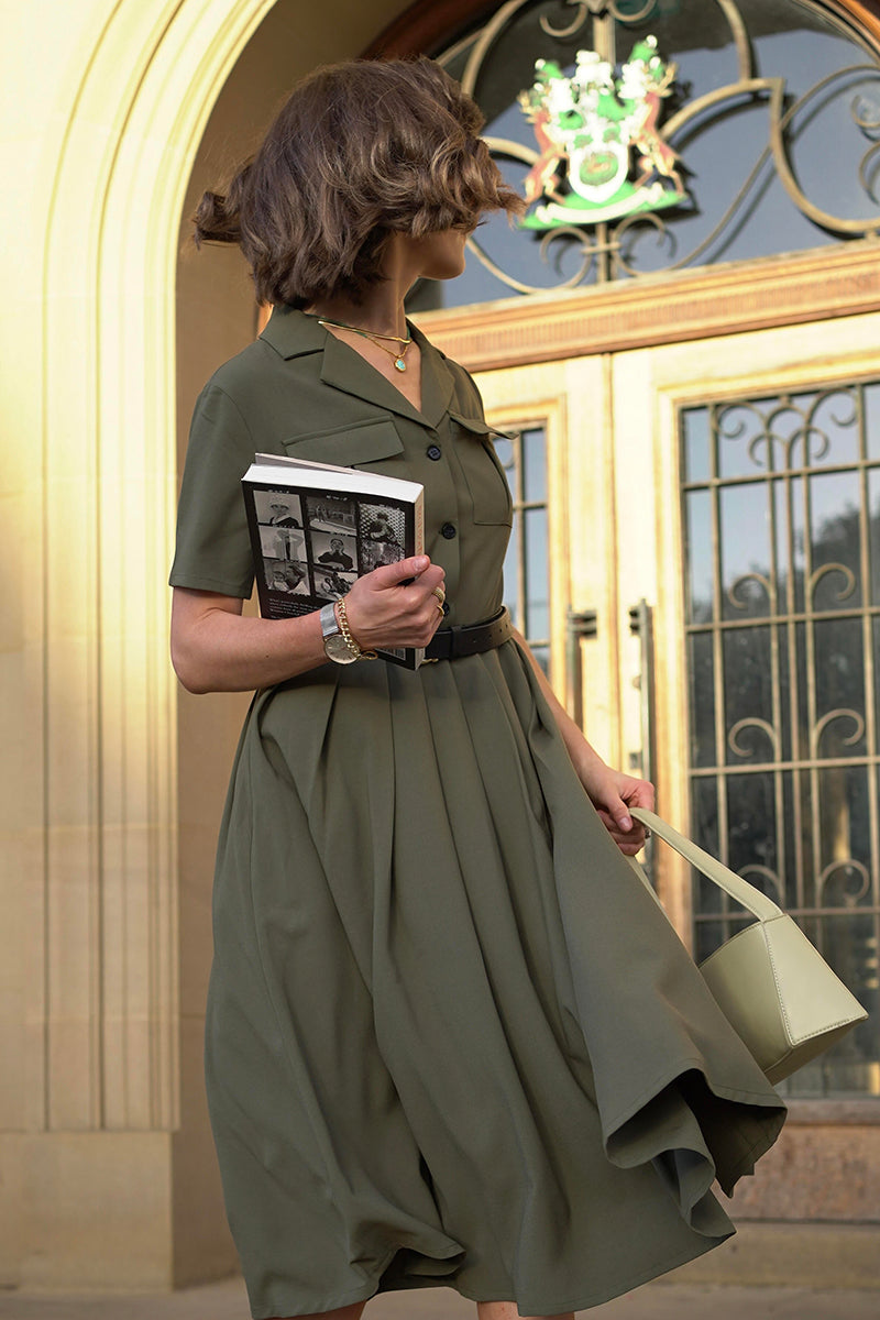 Midi Pleated Green Military Swing Shirt Dress 3703 Xiaolizi Midi Pleated Green Military Swing Shirt Dress 3703 Xiaolizi