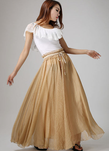 Khaki Chiffon Maxi Skirt - Ruffle Waist, Elastic Stretch 892