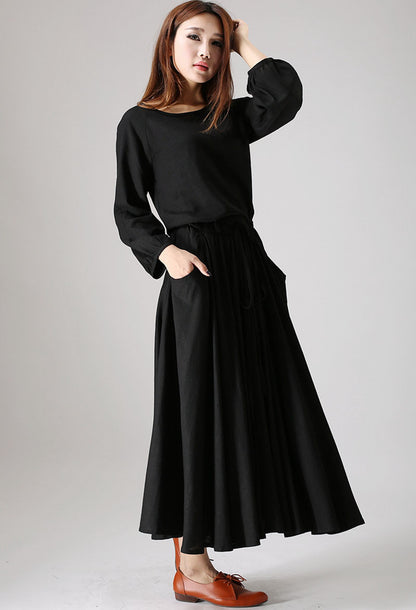 Black Linen Maxi Dress - Long Sleeve Round Neck | Xiaolizi 835