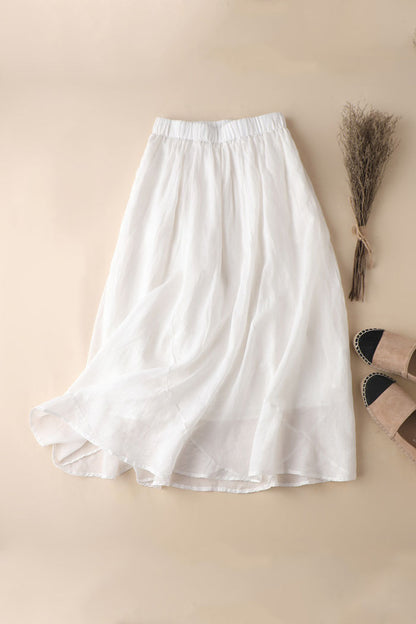 Beige Linen Maxi Skirt - A-Line Silhouette with Elastic Waist 3591
