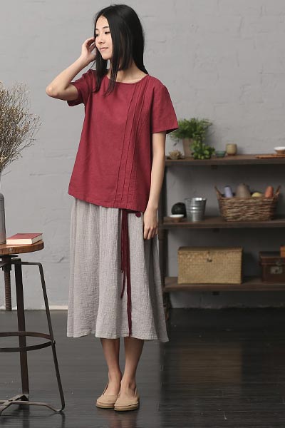 Cotton Linen Short Sleeve Top - Retro Round Neck Loose Fit CYM311