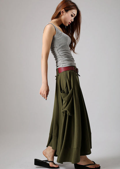 Army Green Linen Maxi Skirt - Wide Flared Silhouette with Pockets 0885