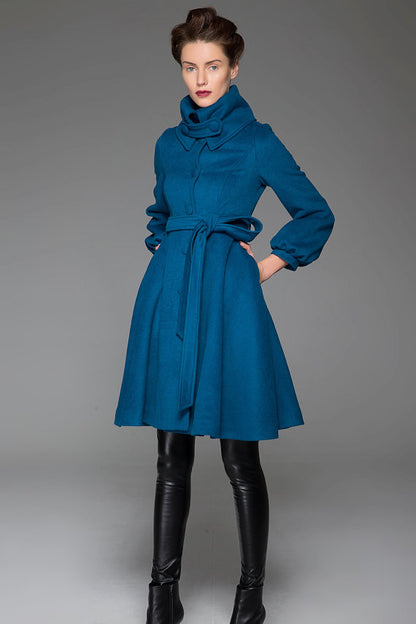 Handmade Blue Wool Blend Coat with Oversized Collar & Belt – Timeless Vintage Elegance 1425