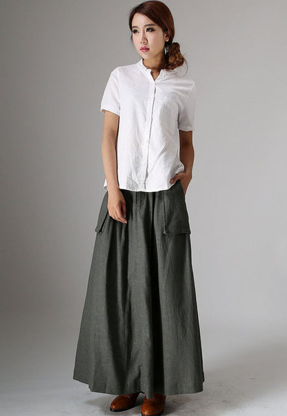 Olive Green Linen Cotton Maxi Skirt – Vintage High Waist Skirt with Large Pockets 0987