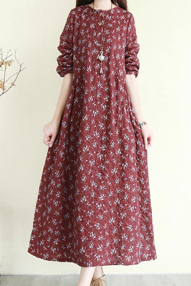 single-breasted linen long floral dress with crew and  3/4 sleeves CYM344