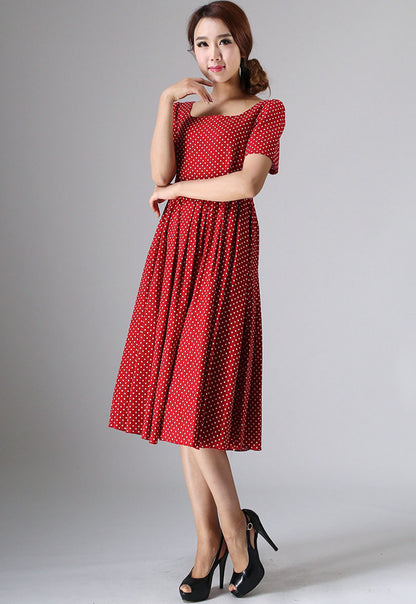 Red Linen Cotton Blend Midi Dress - Fit and Flare Polka Dot 974