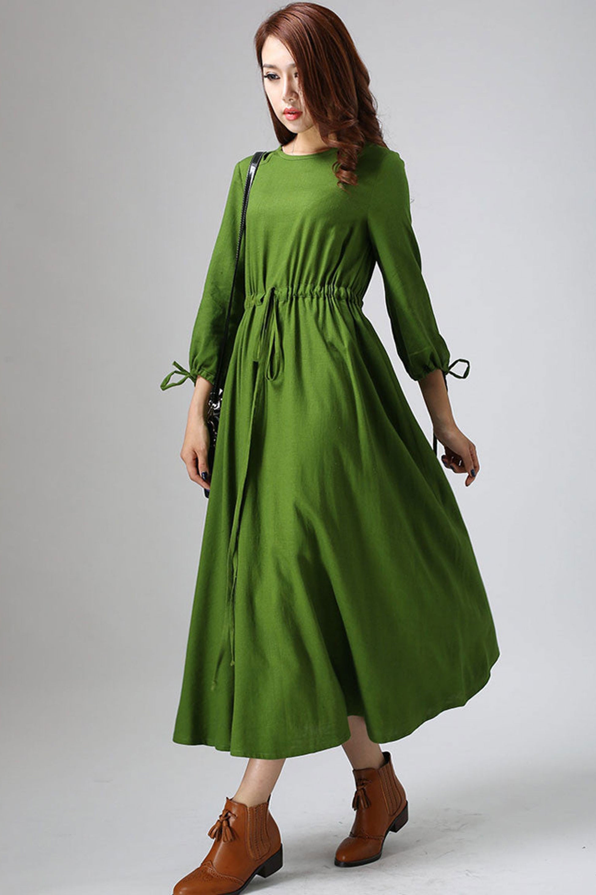 Handmade Green Linen Dress Adjustable Waist Midi | Xiaolizi 806 Forest Green / XL Handmade Green Linen Dress Adjustable Waist Midi | Xiaolizi 806 Forest Green / XL