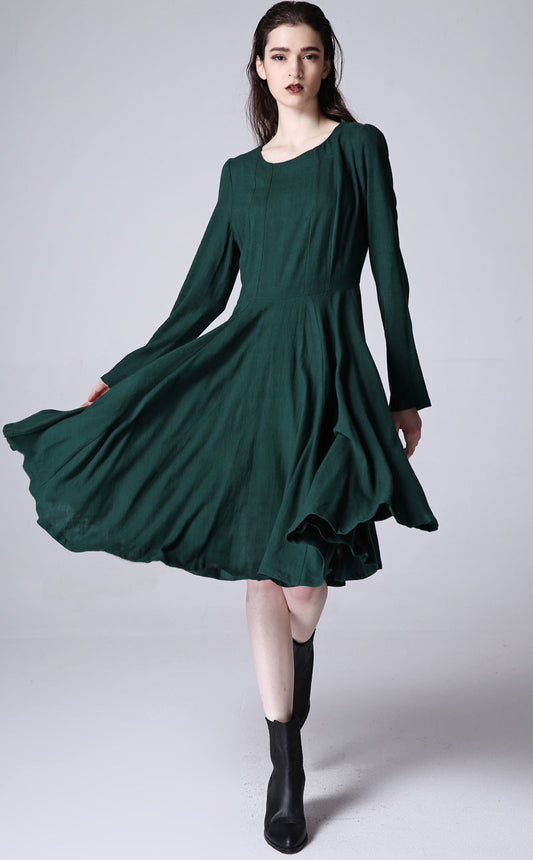 Green linen dress women midi cute dress 1176