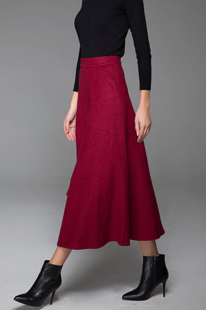 Wine Red Wool Maxi Skirt - Asymmetrical Hem, Side Pockets 1432