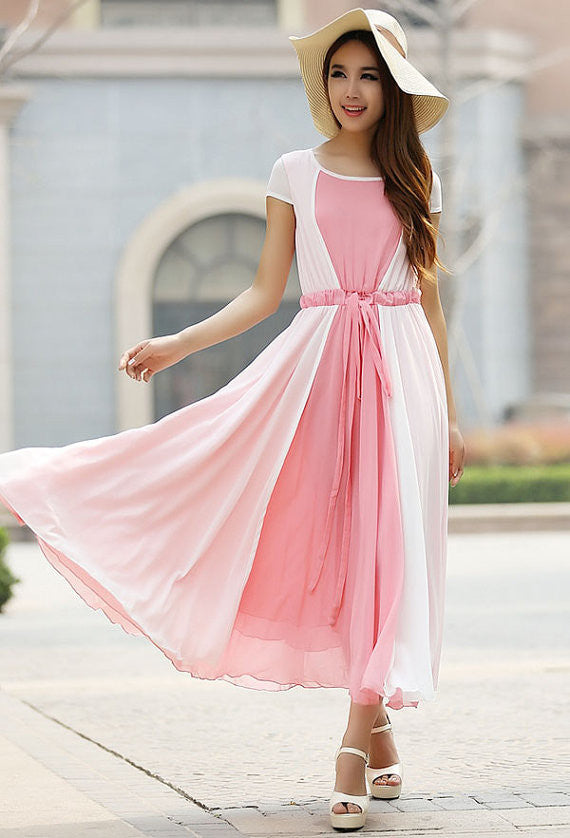 Pink chiffon dress maxi dress prom dress wedding dress (925)