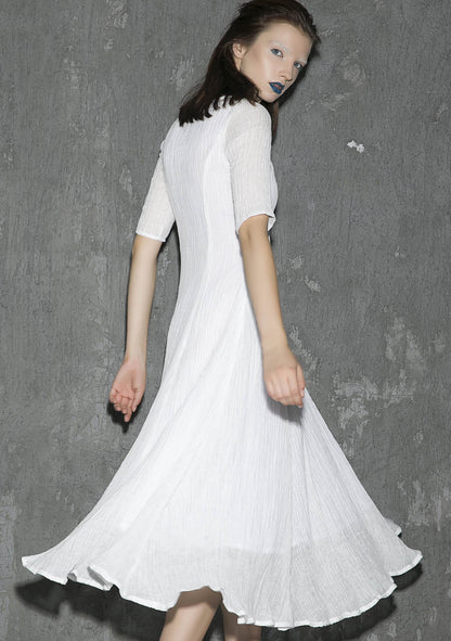 White Linen Maxi Dress - Round Neck, Elbow Sleeve Flowy Silhouette 1307