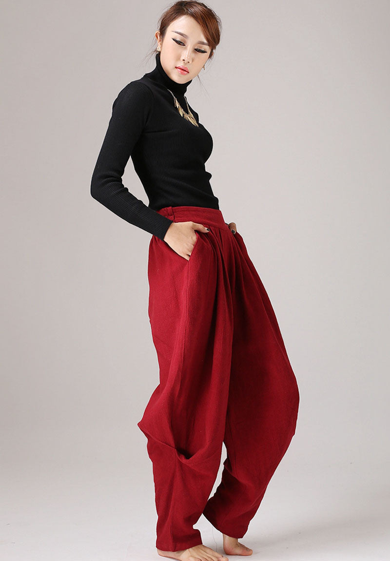 Pleated maxi red pants linen trousers Casual pants (774)