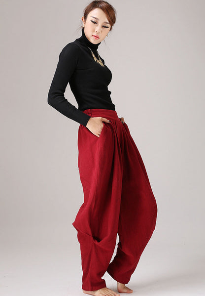 Red Linen Pleated Maxi Pants - Elastic Waist, Casual Comfort 774