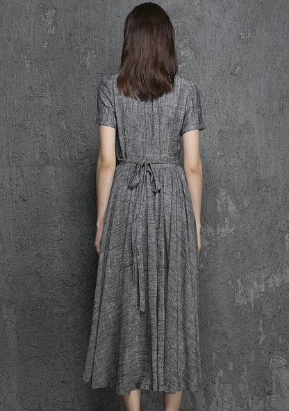 Grey Linen Midi Dress - Fit and Flare with White Lace Trim 1319