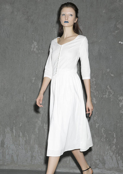 White Linen Maxi Dress - Round Collar with Button Front 1306