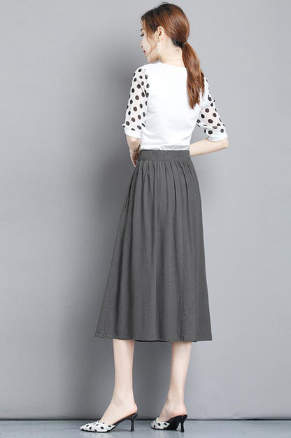 Midnight Gray Polyester Pleated Skirt - High Waist, Below Knee CYM317