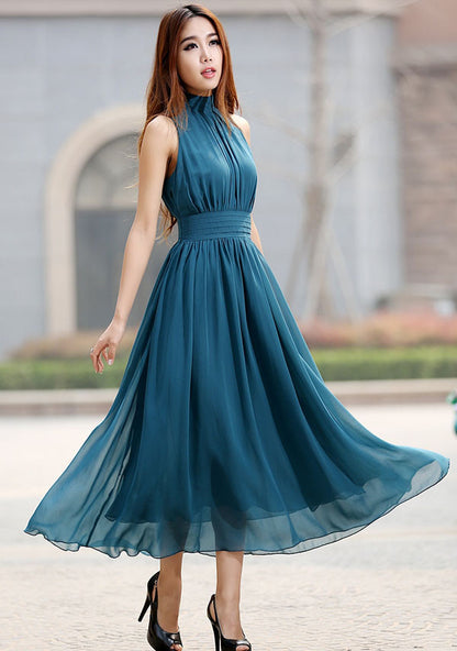 Sleeveless Chiffon Dress – Blue Pleated Waist Midi Dress  918