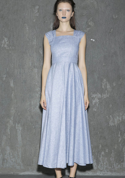 Blue Linen Sleeveless Midi Dress - Side Zipper with Pockets 1316