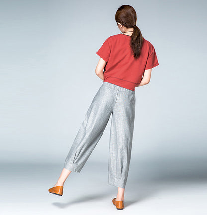 Gray Linen Cotton Casual Pants - Elastic Waist, Above Ankle Fit 2602